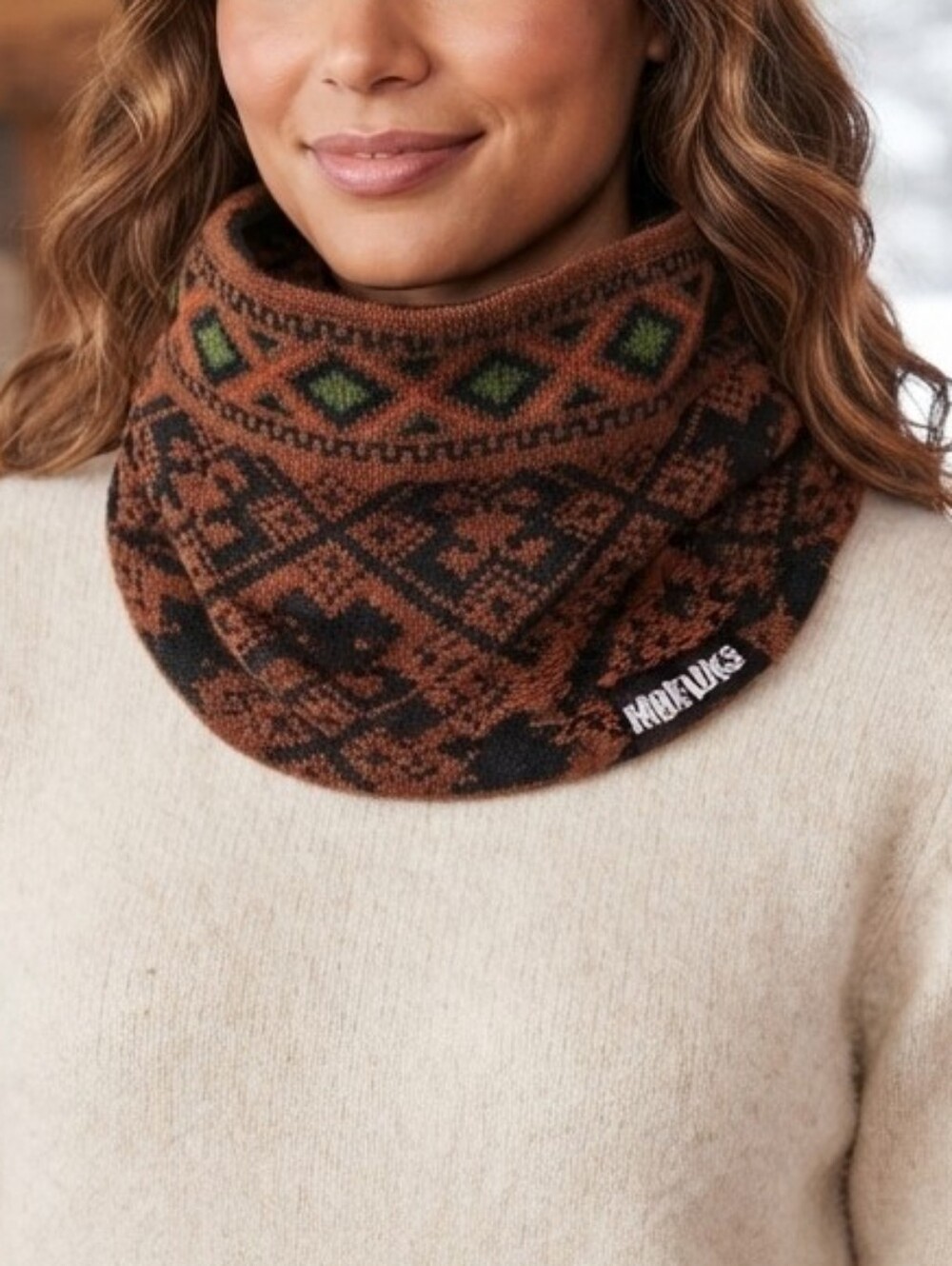 Muk Luks Brown Fair Isle Knit Infinity Scarf Nordic Geometric Winter Neck Warmer